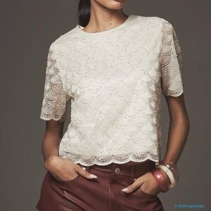 NWT Anthropologie Blue Tassel Sequin Ivory Top